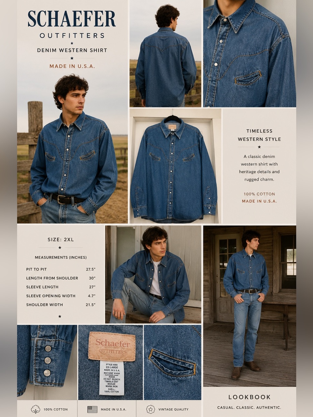 Vintage Schaefer Outfitters Denim Western Snap Shirt USA Made Men 2XL